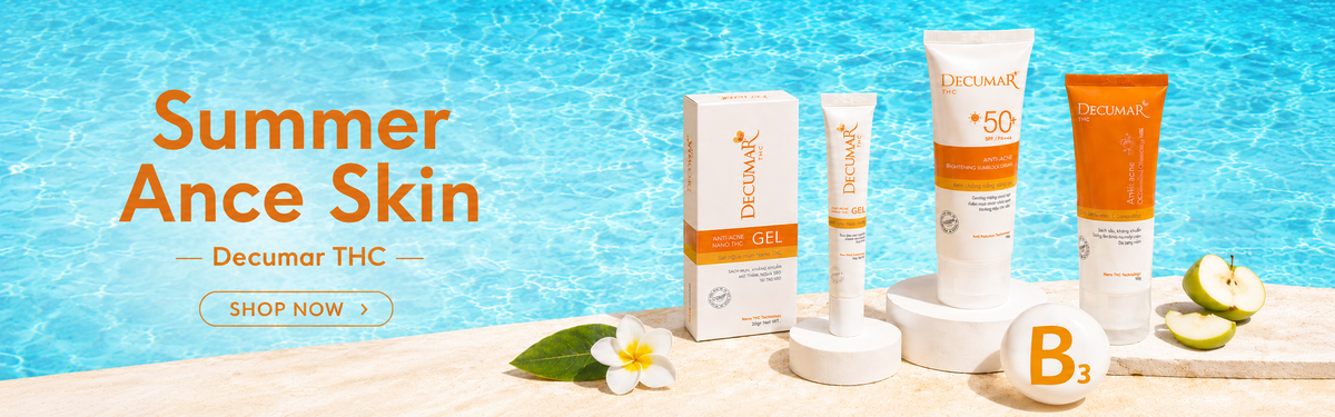 Decumar THC Summer Ance Skin skincare set displayed on a poolside-style background with blue water and a light beige stone surface. The products include a boxed gel, a tube, and a larger cream bottle, with orange and white packaging.