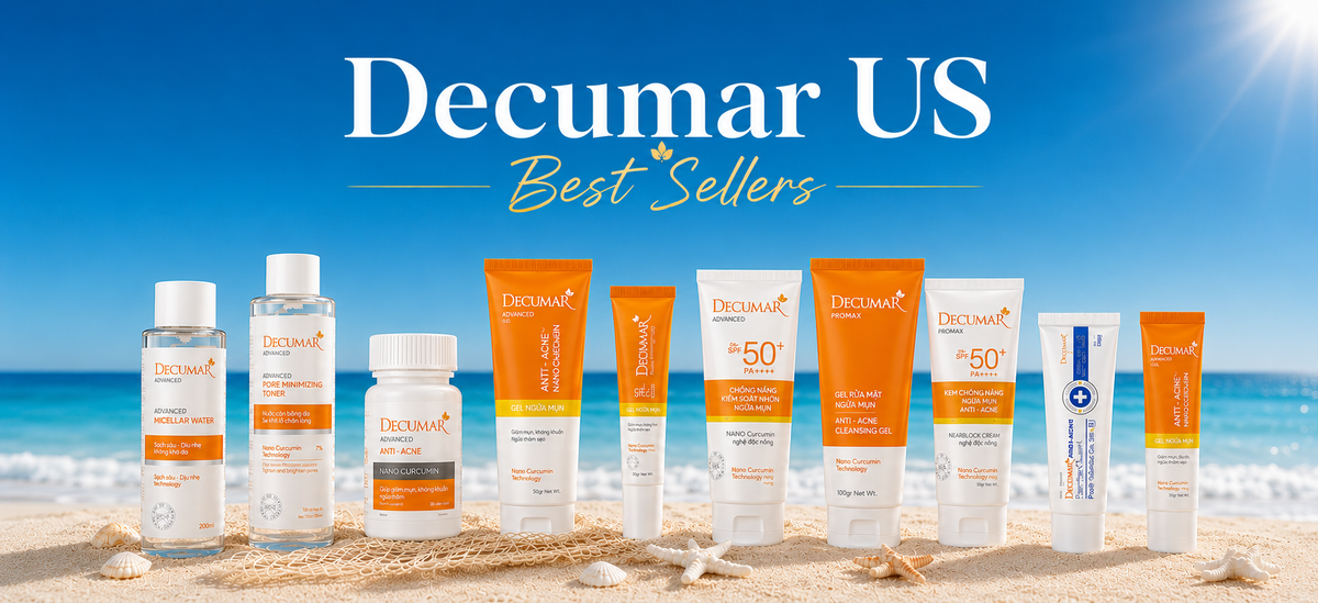 A lineup of Decumar US sunscreen and skincare products on a sandy beach with ocean waves and a blue sky behind them. Large text at the top reads 'Decumar US Best Sellers'.