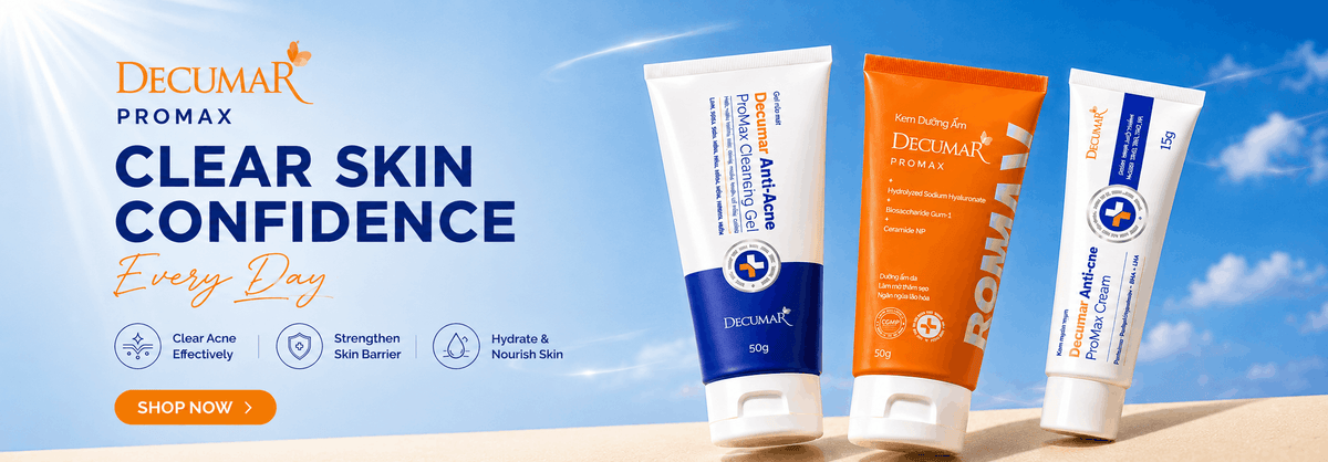 Decumar Promax skincare lineup featuring anti-acne gel cleanser, barrier repair moisturizer, and acne cream on a beach background