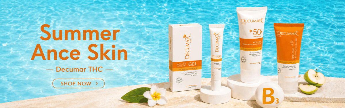 Decumar THC summer skincare banner showing dark spot and acne scar fading products by the pool