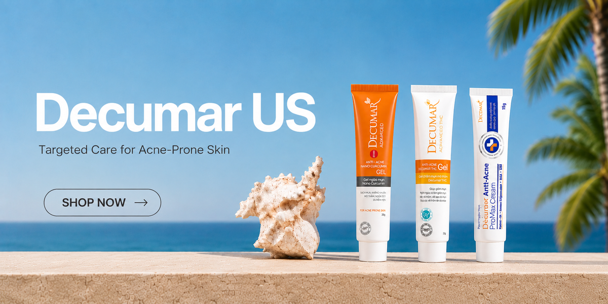 Decumar US targeted care for acne-prone skin featuring three Decumar acne treatment gels on a sunny beach ledge.